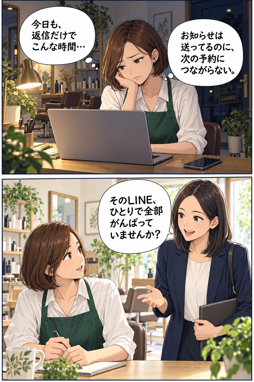 閉店後、返信に追われる美咲さん。「今日も、返信だけでこんな時間…。お知らせは送ってるのに、次の予約につながらない。」相談相手が「そのLINE、ひとりで全部がんばっていませんか？」と声をかけます。