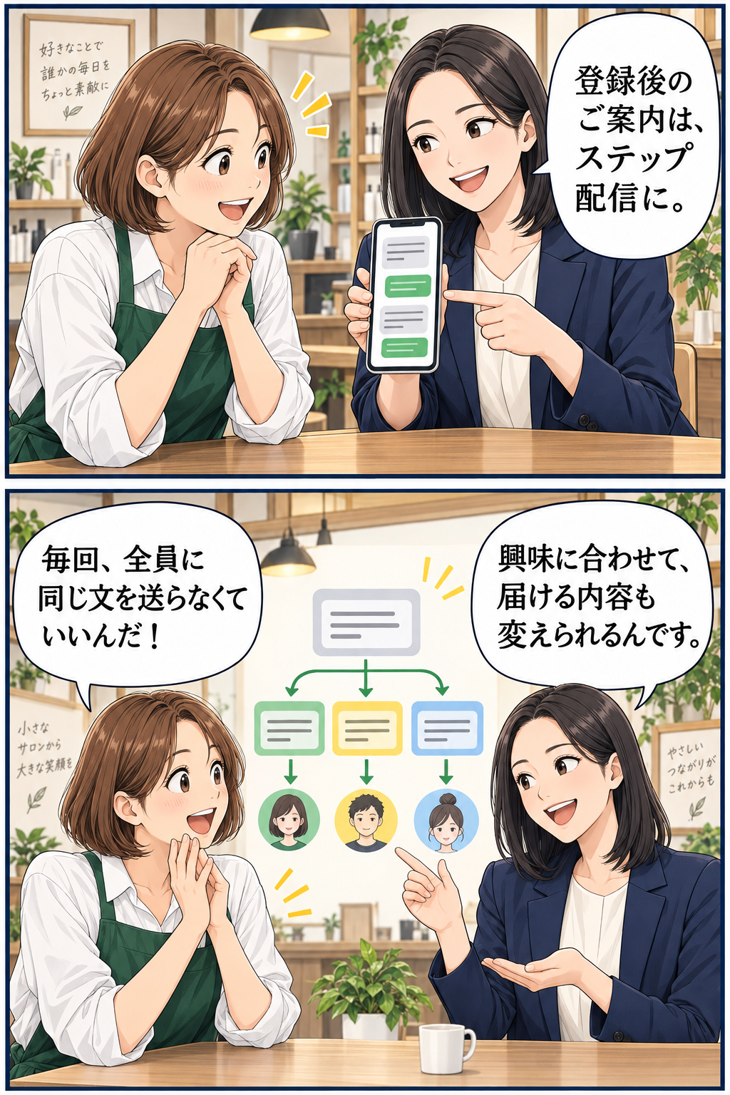 「登録後のご案内は、ステップ配信に。興味に合わせて、届ける内容も変えられるんです。」説明を聞いた美咲さんは「毎回、全員に同じ文を送らなくていいんだ！」と気づきます。