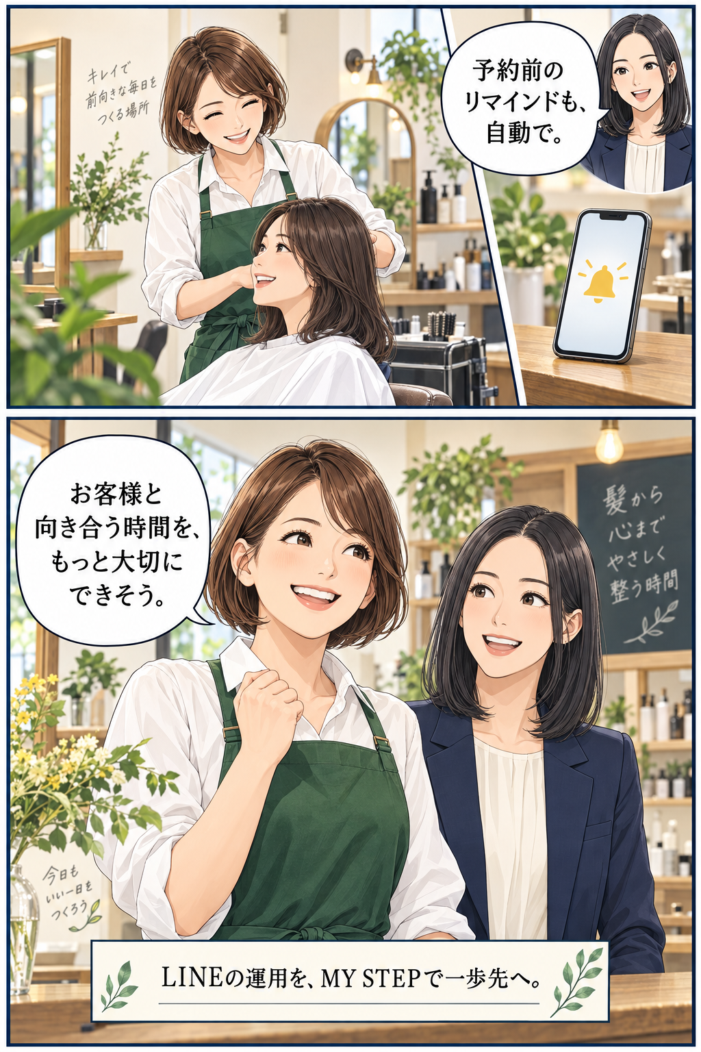 お客様を笑顔で迎えるサロンオーナー。MYSTEPで日々の案内を自動化する物語。