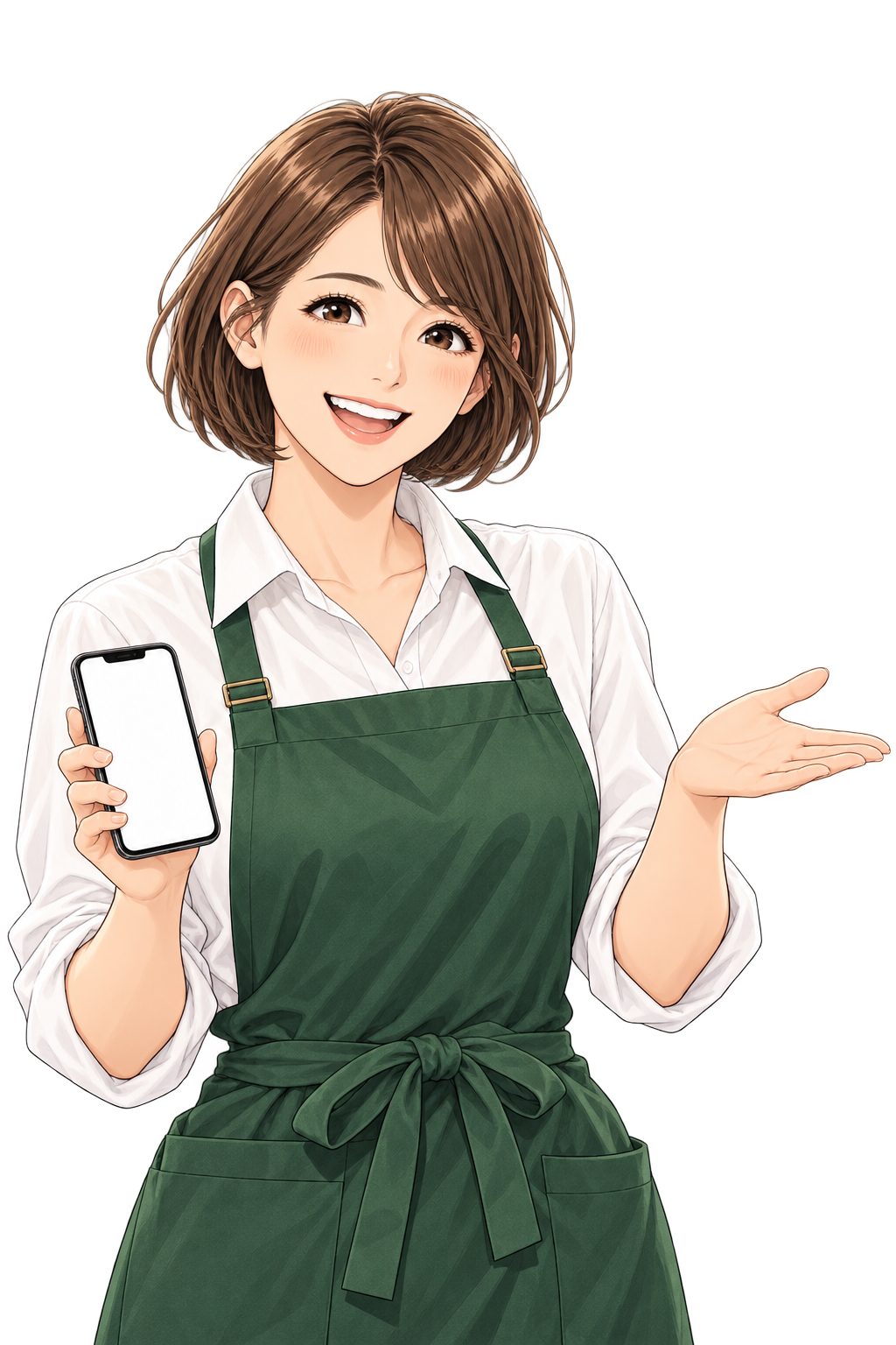 緑のエプロンを着た、サロンの女性主人公