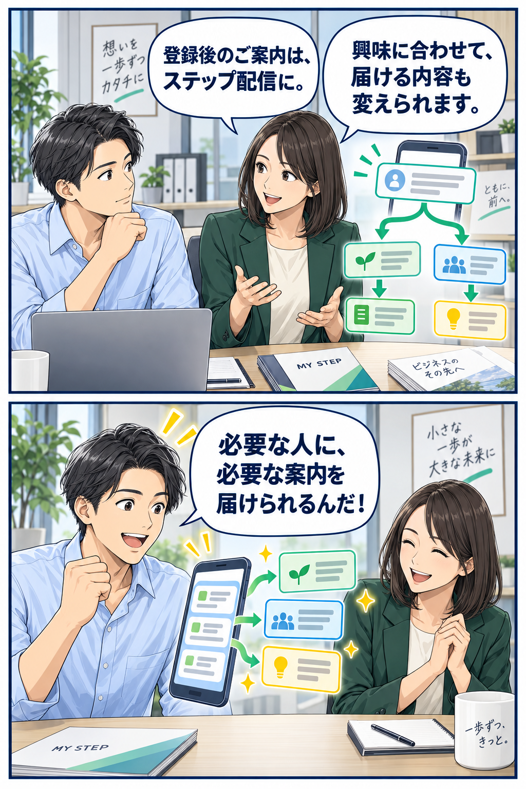 「登録後のご案内は、ステップ配信に。興味に合わせて、届ける内容も変えられます。」拓也さんは「必要な人に、必要な案内を届けられるんだ！」と気づきます。