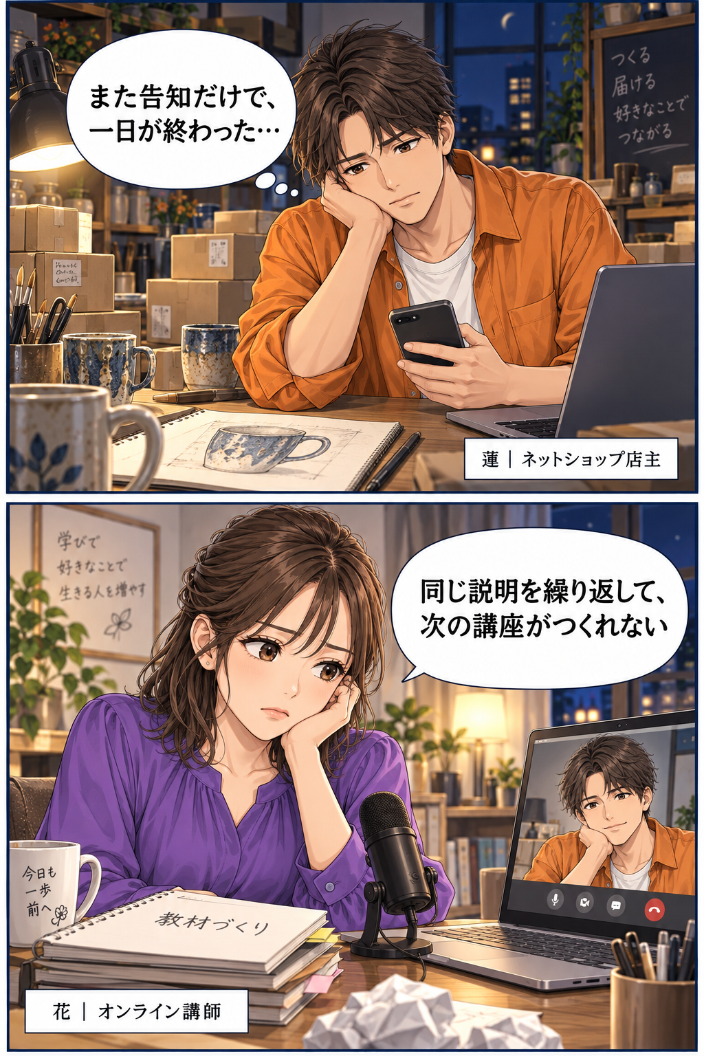 夜の作業場で告知に追われるネットショップ店主の蓮。オンライン講師の花も同じ説明を繰り返し、新しい講座づくりが進まない。2人とも、本当につくりたいものを後回しにしている。
