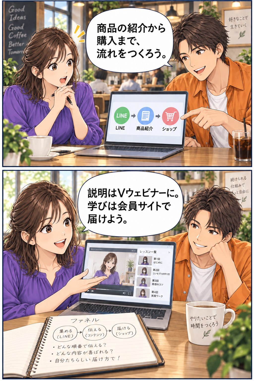 蓮と花が一緒に販売の流れを考える。蓮は商品の紹介からショップでの購入へ。花はVウェビナーから講座案内、会員サイトへ。MYSTEPの機能を使い、自分の商売に合う導線を設計する。