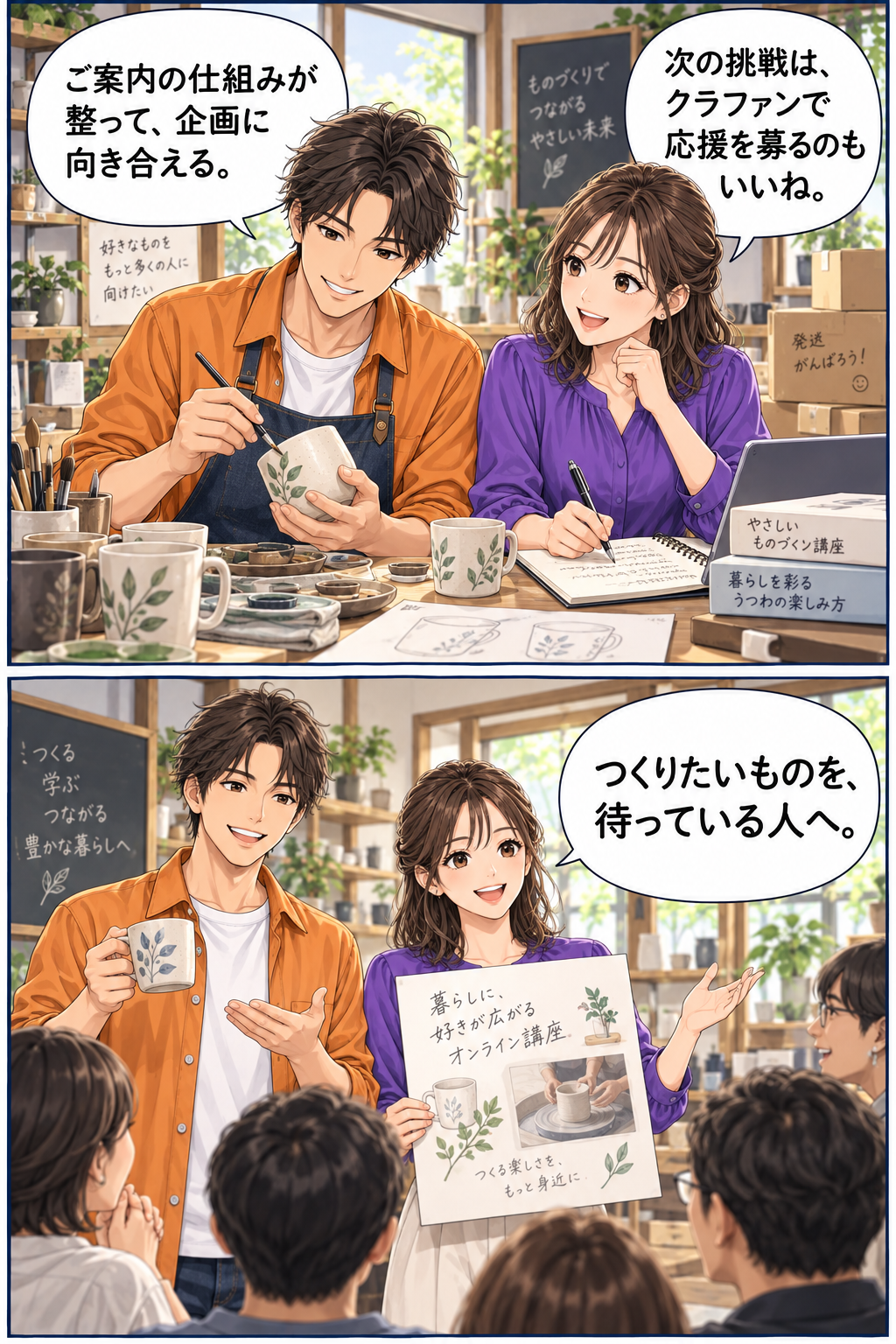 案内の仕組みを整えたネットショップ店主の蓮とオンライン講師の花が、新しい商品と講座の企画に向き合う漫画。